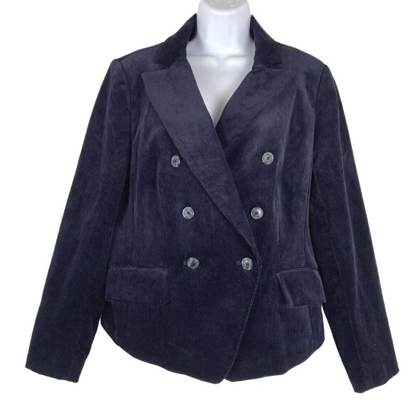 Talbots Corduroy Double Breasted Blazer Jacket Size 12 Navy Blue CJ-1648 - Picture 1 of 8
